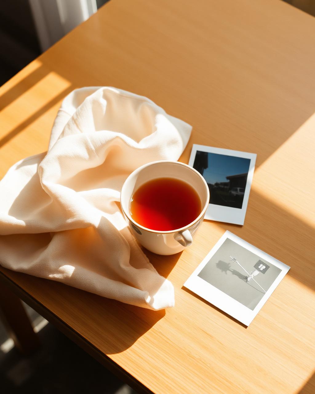 Sunlit ceramic tea cup, linen cloth and a polaroid on a wooden table